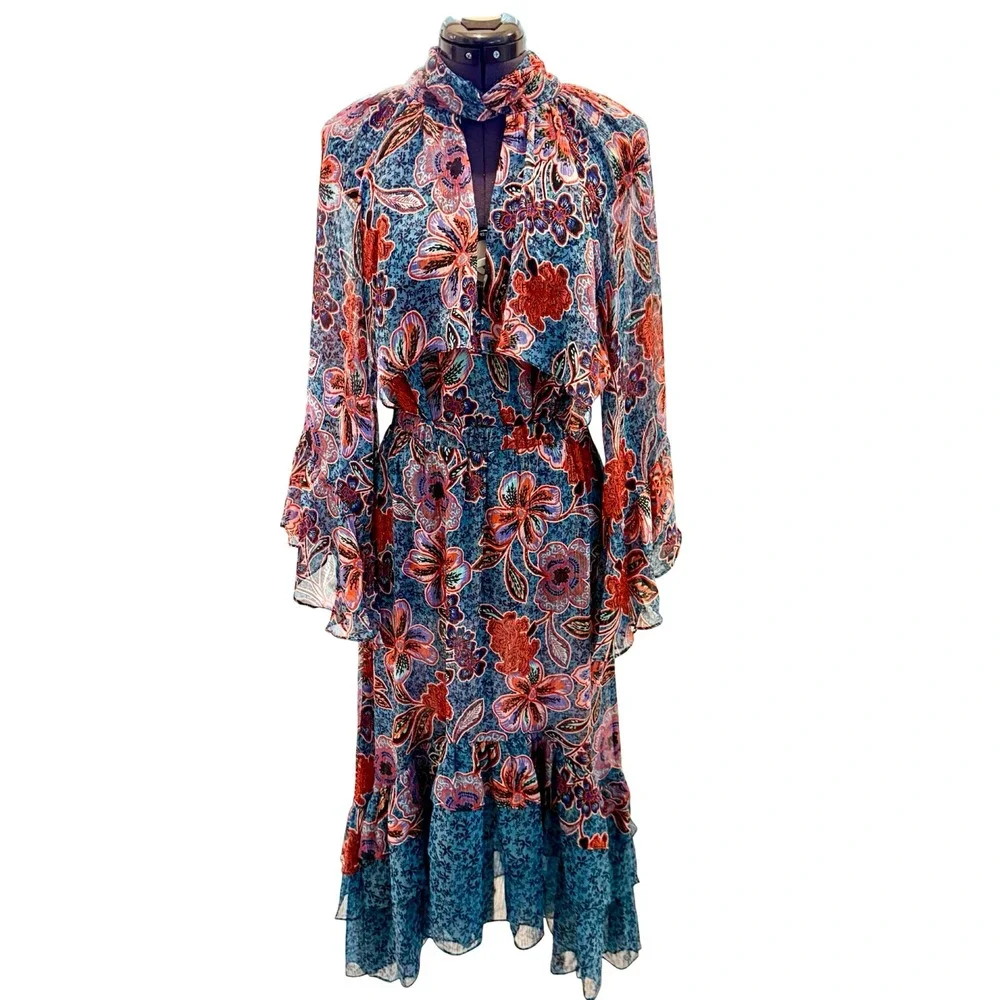 NWT MISA Los Angeles Esti Floral High-Low Midi‎ Skirt Ruffle Trim Cerulean Sz XS